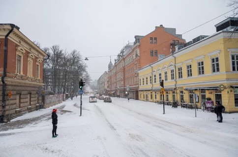 Historic buildings, Aurakatu, snowy roads, Turku or Swedish Åbo, Varsinais-Suomi, Finland