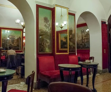 Interior view partial view of in Historic Ancient Antico Caffè Caffe Greco di Roma from 1760, Rome,