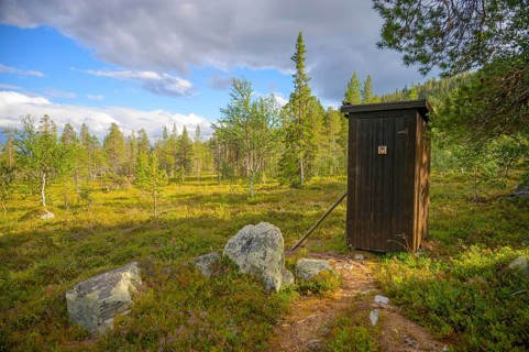 Wooden cabin in forest surrounded by trees and mossy ground under cloudy sky, Gutulia National