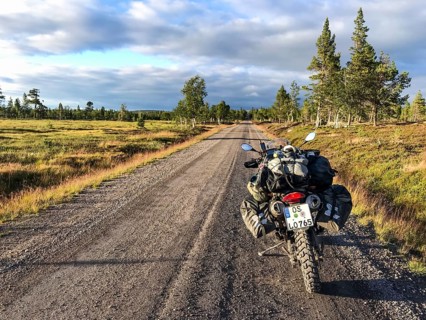 Idre, Dalarnas län, Sweden, BMW G 650 GS Sertao enduro motorcycle with full camping equipment on a