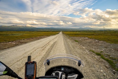 Falkvålen, Bruksvallarna, Jämtland, Sweden, Scenic view along an empty road with BMW G 650 GS