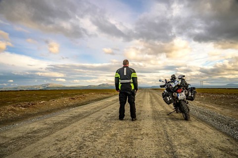 Falkvålen, Bruksvallarna, Jämtland, Sweden, BMW G 650 GS Sertao Enduro motorcyclist standing on a