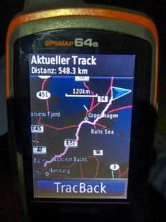 Växjö, Kronobergs län, Sweden, evening view of a GPS device with a mapped route and information