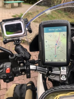 Hatzte, Elsdorf, Lower Saxony, Germany, close-up of a GPS device on a BMW G 650 GS Sertao enduro