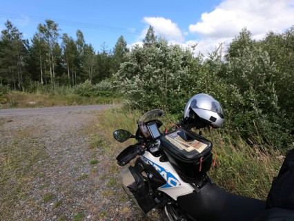 Vikbolandet, Östergötlands län, Sweden, BMW G 650 GS Sertao enduro motorcycle with helmet tank bag