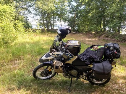 Kalvsvik, Kronobergs län, Sweden, BMW G 650 GS Sertao enduro motorcycle in the forest with packed