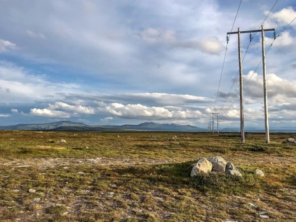 Ljungdalen, Jämtlands län, Sweden, wide landscape with electricity poles on the horizon under a