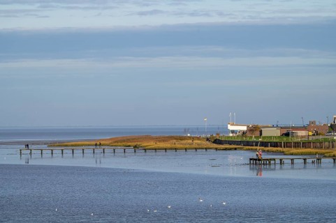 A coastline with footbridges and buildings under a wide, blue sky, Wadden Sea National Park, Jade