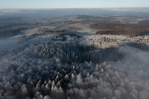 Borgholzhausen, North Rhine-Westphalia, Germany, aerial view of snow-covered Teutoburg Forest,