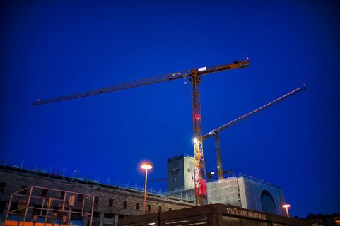 Night view, Alter Bahnhof Bonatzbau, station tower construction cranes, Züblin, construction site,