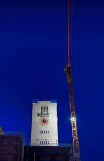Night view, Alter Bahnhof Bonatzbau, station tower construction cranes, Züblin, construction site,