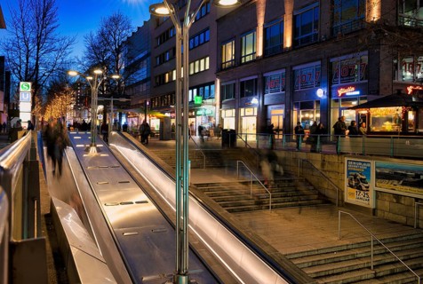 Night view, escalator, staircase, conveyor belt, city, staircase to the pedestrian zone,
