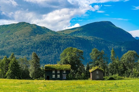Two houses with grass roofs in a green landscape against mountains and a blue sky