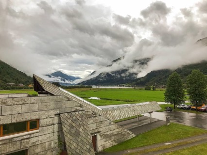 Fjærland, Vestland, Norway, concrete building of the Norwegian Glacier Museum Norsk Breecenter in a