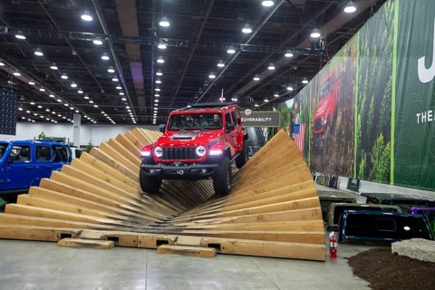Detroit, Michigan USA - 15 January 2026 - A Jeep Rubicon takes visitors on a track that displays