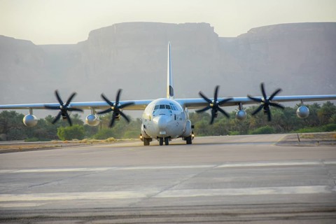 In Seiyun, Yemen on January 04, 2026, a Royal Saudi Air Force transport aircraft arrives at Seiyun