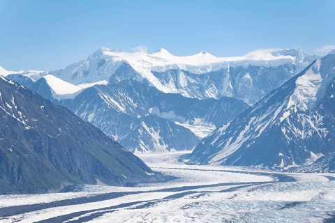 View of impressive mountain landscape with Matanuska glacier and glaciated mountain peaks, Lion's