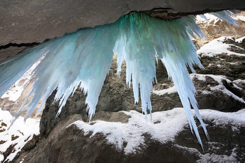Icicles in the Partnachklamm near Garmisch-Partenkirchen, Werdenfelser Land, Upper Bavaria, Germany