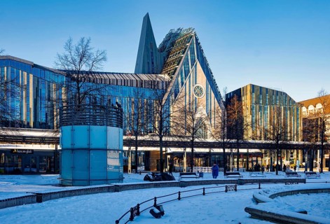 University of Leipzig, lecture hall building and Paulinum on Augustusplatz in winter with snow,