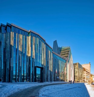 University of Leipzig, lecture hall building and Paulinum on Augustusplatz in winter with snow,