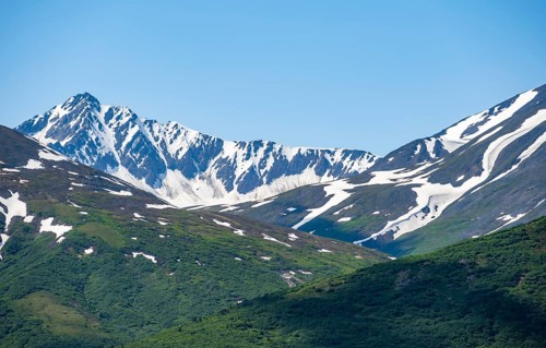 Mountain peak with snow, Alaska Range, Richardson Highway, Alaska, USA