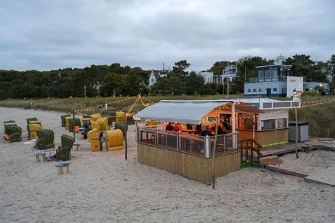 Illuminated beach bar, dusk, Binz, seaside resort, Rügen island, Baltic Sea, Mecklenburg-Western