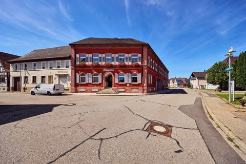 Grafenhausen Town Hall, façade with windows, shutters and cellar hatches, stairway, flower boxes,