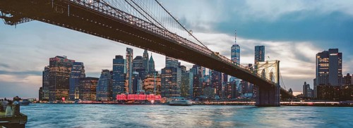 Brooklyn Bridge and Manhattan skyline at sunset, Old Pier 1, Brooklyn Bridge Park, Brooklyn, New