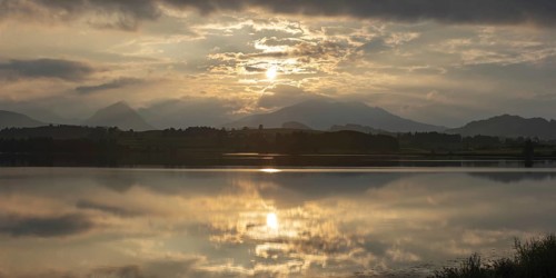 Sunset panorama, Hopfensee, Hopfen am See, near Füssen, Ostallgäu, Allgäu, Bavaria, Germany