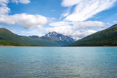 Lake and mountains, Eklutna Lake, Chugach Mountains, Chugach State Park, Alaska, USA