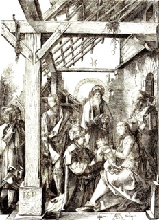 The Magi give presents to the Christ Child, sage from the East, based on a woodcut by Albrecht