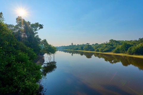 Bright sunshine over a quiet river and bright sky surrounded by trees, Fazenda Barranco Alto, Rio