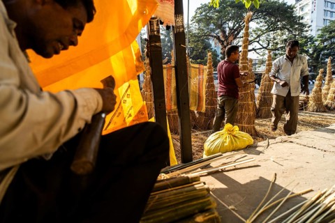Vendor prepare Meji (Bonfire) for sell, as part of preparations ahead of the 'Magh Bihu' festival,
