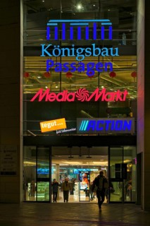 Night view, logo media market, Tegut, action, entrance Königsbau Passagen, shopping center,