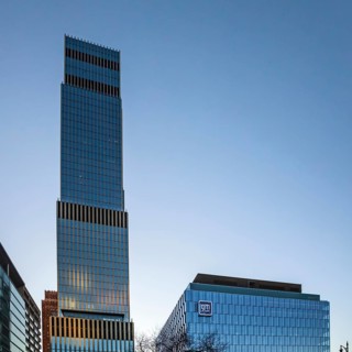 Detroit, Michigan - General Motors' new headquarters (right) in the Hudson's Detroit development.
