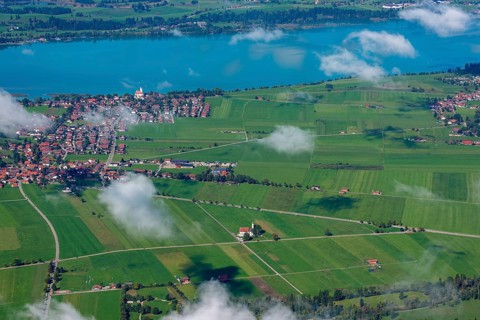 Panorama from Tegelberg, 1881m, on Schwangau, Waltenhofen and Forggensee, Füssener Land, Ostallgäu,