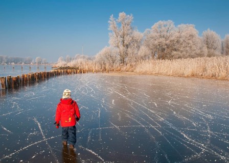 Child in red clothes walks across a frozen area of Dümmer Lake in a wintry landscape, Dümmer nature