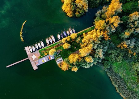 Aerial view of several boats on a pier surrounded by autumn trees and green water, Dümmer nature