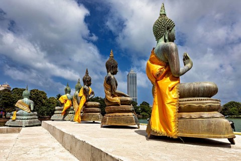Buddha statues on the water with yellow robes against an urban backdrop, The Seema Malaka Temple