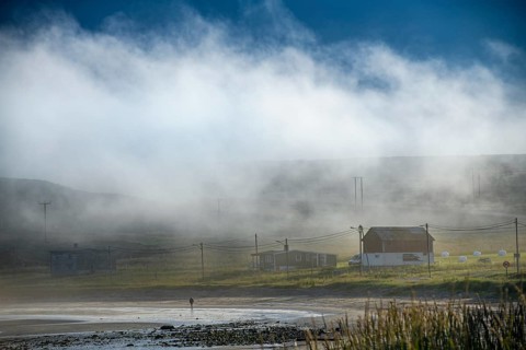 Foggy coastal landscape with scattered houses and quiet atmosphere at dawn, Kiberg, Finnmark,