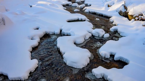 Ilsenburg, Saxony-Anhalt, Germany, snowy Ilse river in the Harz National Park on the Heinrich-Heine