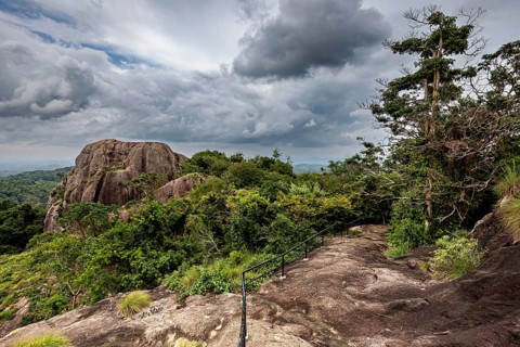 Rocky landscape with cloudy sky and lush green vegetation, a path leads through the scene, The