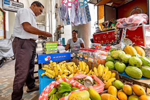 A lively market stall with exotic fruits such as bananas and mangoes, a vendor serves a customer,