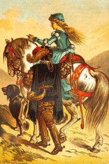Elegant young woman riding, fairy tale picture, literary genre, valuable bridle, companion, elegant