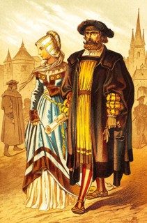 Elegant couple at the time of minstrels, man and woman, bourgeoisie, wealth, cloak, cap, roll of
