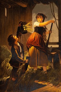 Surprising visit to the hayloft, young woman 16-20 years old, young man 16-20 years old, lantern,