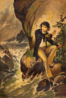 Young man stranded on deserted island, fairy tale picture, storm, sea, high swell, shipwreck,
