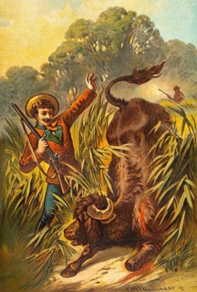 Hunting scene in Romania, picture of a fairy tale, fantasy, hunter with rifle, reeds, riverbank,