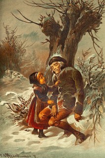 Young girl, 4 to 6 years, saves old man from freezing to death, cold winter, snowy landscape,