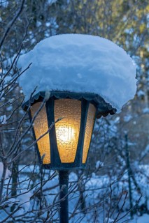 Snowy garden lamp, winter, snow, Sieversen, Samtgemeinde Rosengarten, Lower Saxony, Germany